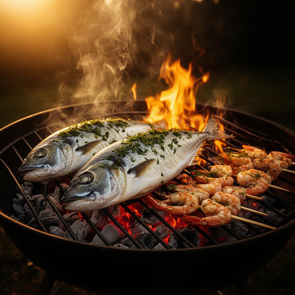 Свежая рыба и морепродукты на мангале
